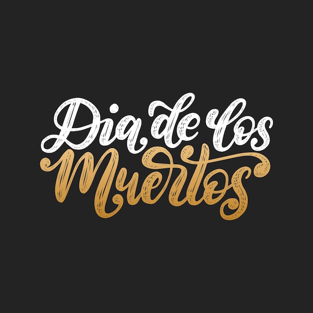 Dia De Los Muertos vertaald uit de Spaanse Dag van de Doden handgeschreven zin. Vectorillustratie op zwarte achtergrond. Ontwerpconcept voor uitnodiging voor feest, wenskaart.