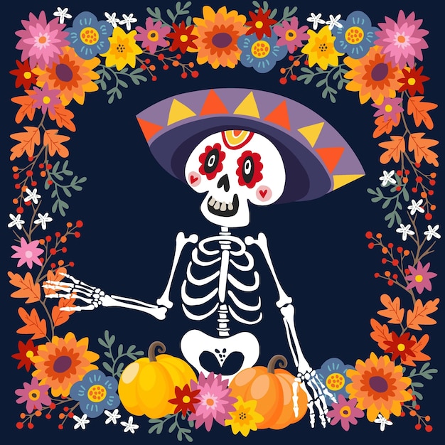 Dia de Los Muertos wenskaart uitnodiging Mexicaanse dag van de doden sier schedel skelet met sombrero hoed pompoenen en bloemen Hand getekende vector illustratie achtergrond Floral frame