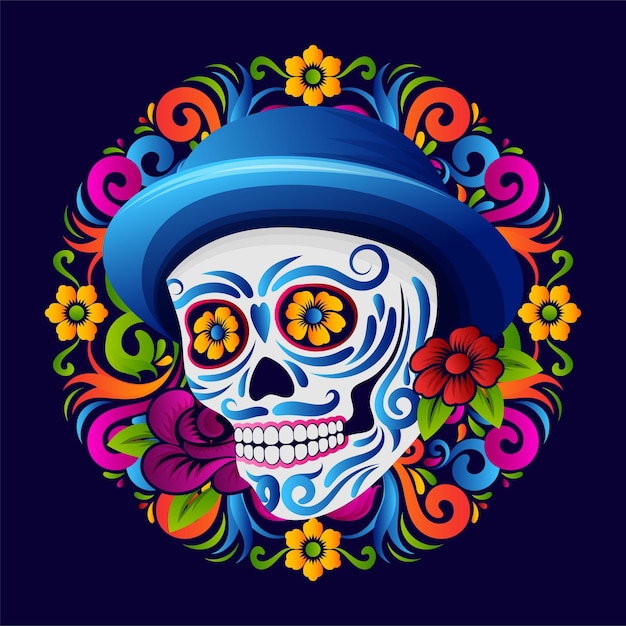 Dia de muertos badge of icoon Dag van de dode suikerschedel met Mexicaanse bloemendecoratie