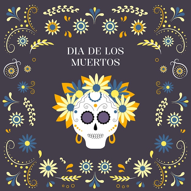 죽은 자의 날 (Dia de los Muertos) - 꽃과 함께 여성 두개골 멕시코의 축제 축제 인사 카드