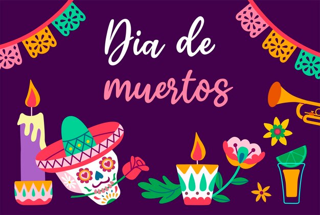 ディア・デ・デュエルトス (Dia de los Muertos) はメキシコのハロウィン・デーでヘッドフラワーキャンドル花束を掲げた伝統的な祝日である