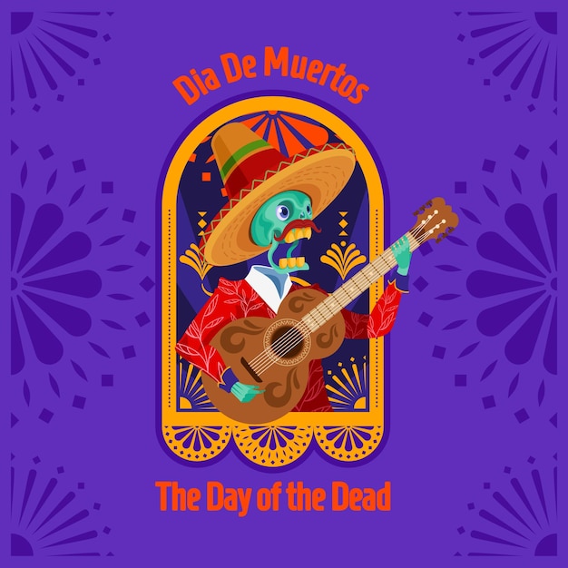 Vettore dia de muertos il giorno dei morti scheletro uomo che suona la chitarra