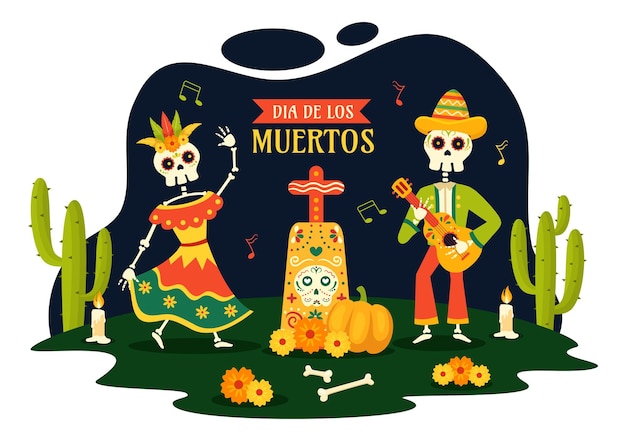 Illustrazione di dia de muertos con il giorno dei morti riproduzione di scheletro musicale in costume messicano e sombrero