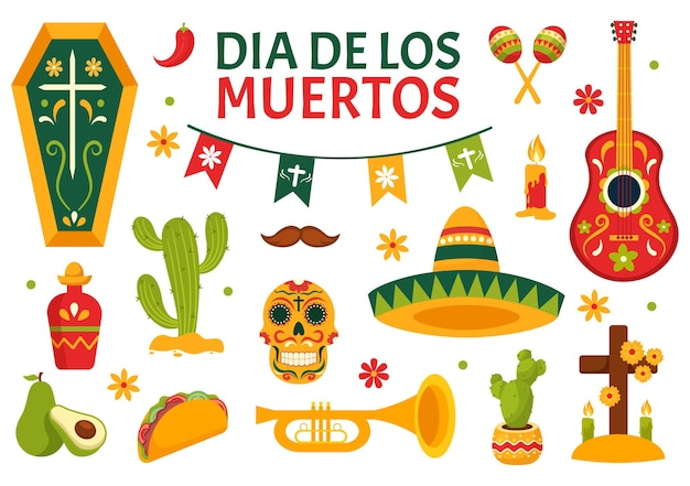 Vector dia de muertos illustration with day of the dead play music skeleton in mexican costume and sombrero