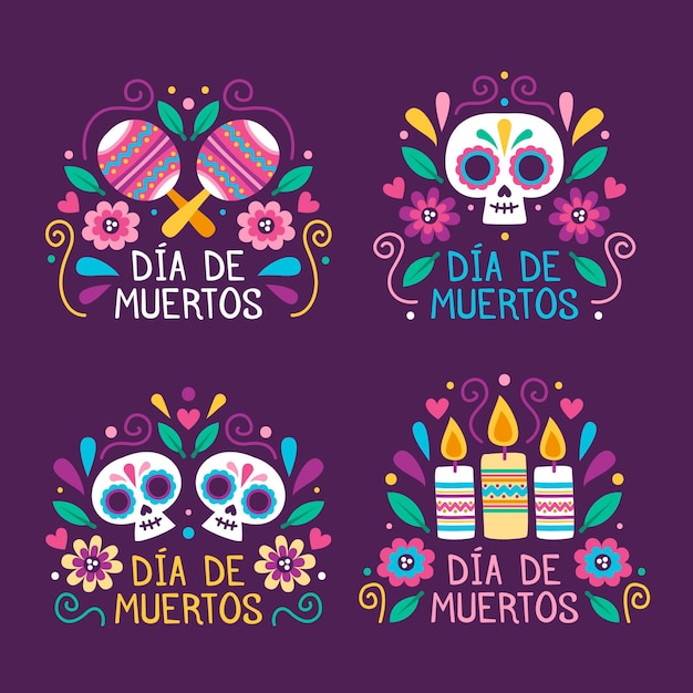 Día de muertos labelcollectie in plat ontwerp