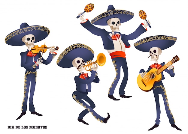 Dia de Muertos. Mariachi-bandmuzikant van skeletten. Mexicaanse traditie.