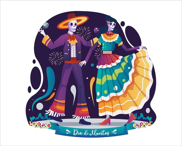 Dia de muertos party with mariachi skeleton and catrina dancing together illustration