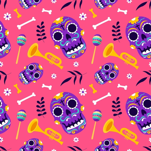 Dia de Muertos Seamless Pattern Illustration with Day of the Dead and Skeleton Element