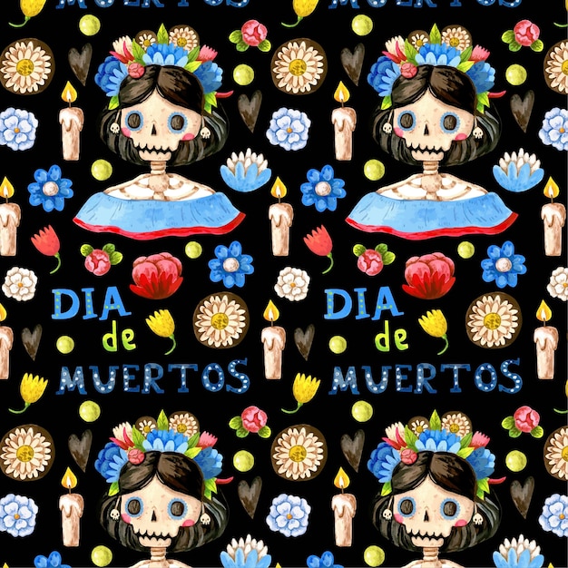 Dia de muertos seamless pattern with cute elements and catrina