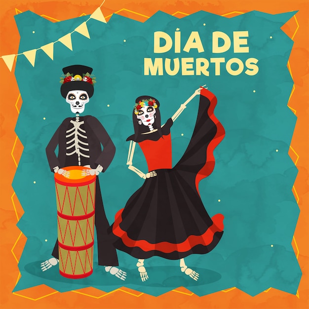 Dia de muertos-tekst met illustratie van catrina en skeleton-drummer ter gelegenheid van day of the dead celebration.