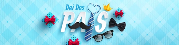 Diadospaisカードネクタイとメガネを使ったポルトガル語のハッピー父の日カード