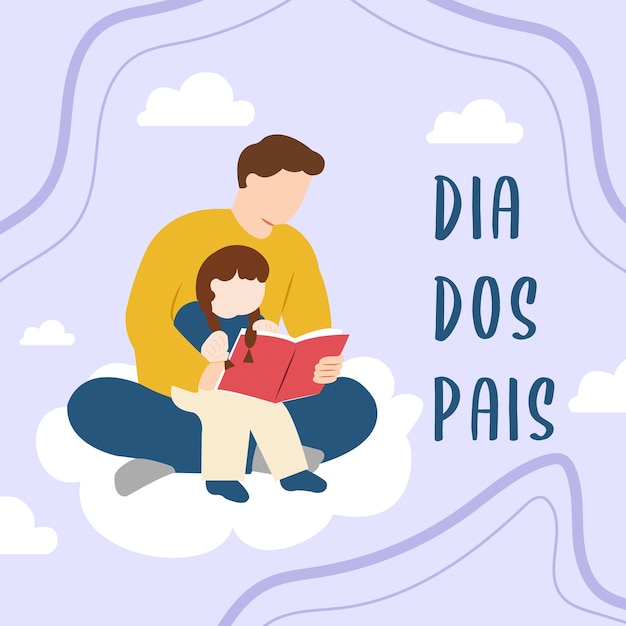 Dia Dos Pais ストック イラスト お父さんと娘が雲の上に座って一緒に本を読んで