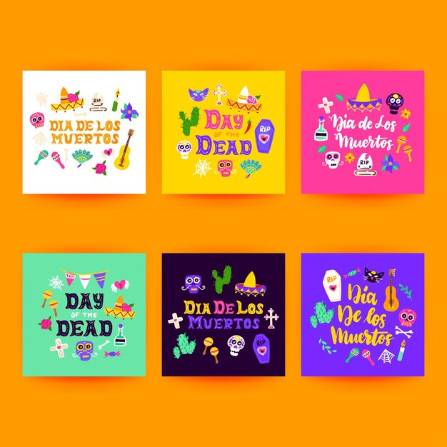 Dia los muertos postcards. vector illustration of mexican holiday greeting cards.