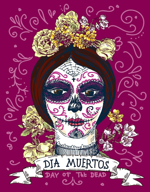 Dia muertos Illustration for mexican day of the dead Girl with make up of sugar skull