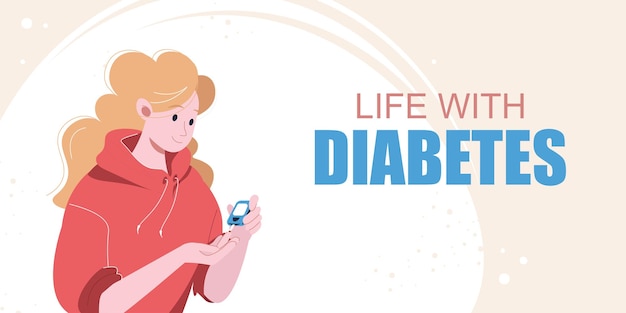 Баннер диабета. Персонаж мультфильма о молодой женщине с помощью цифрового глюкометра для контроля состояния крови