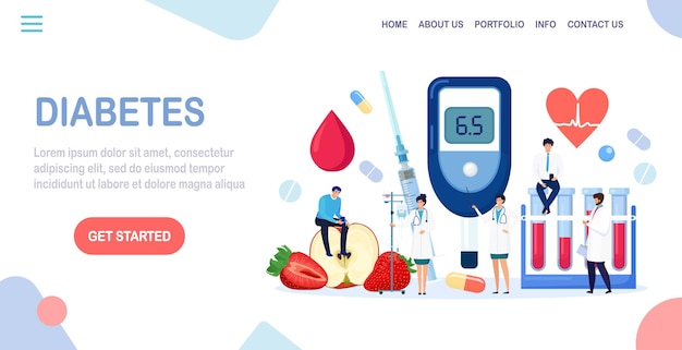 Vector diabetes. doctors testing blood for glucose, using glucometer for hypoglycemia or hyperglycemia diagnosis. laboratory equipment, pills. physician measuring sugar level. world diabetic awareness day