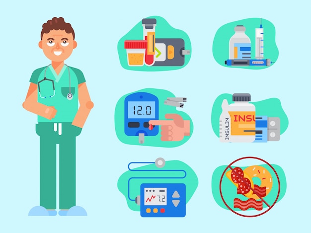 Diabetes mellitus care vector illustration. Doctor in lab coat talk about the importance of sugar and insulin levels, and healthy living for health diabetics