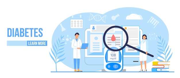 Vettore diabete mellito di tipo 2 diabete e concetto di produzione di insulina vettore pagina di destinazione con lente d'ingrandimento e misuratore di glucosio nel sangue piccoli medici curano l'applicazione del glucometro del paziente