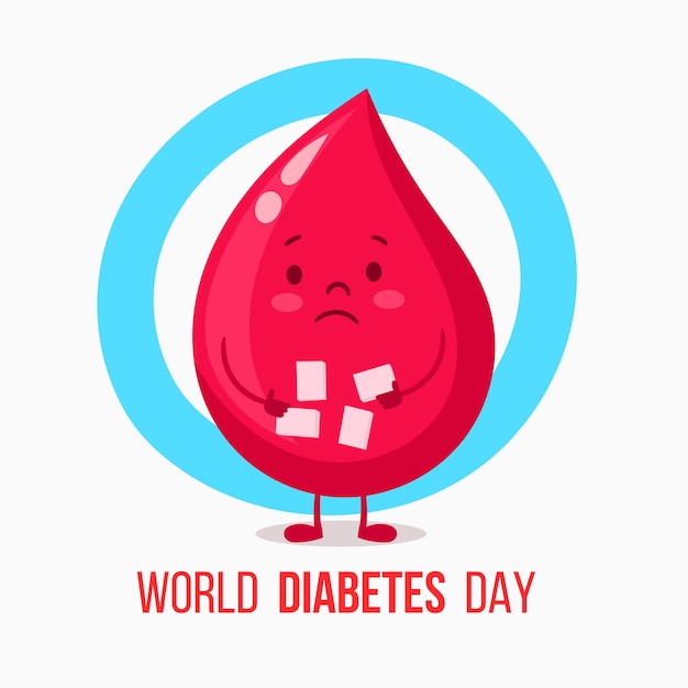 Diabetes square icon - sugar cube dissolving inside blood drop, high glucose level sign.