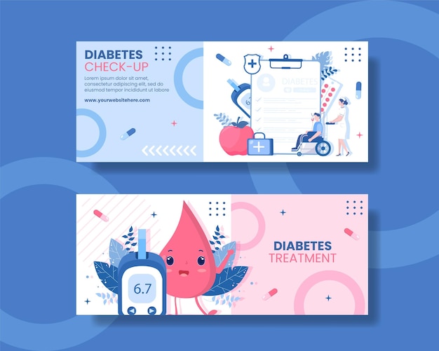 Diabete test sanità banner orizzontale piatto cartoon modelli disegnati a mano illustrazione