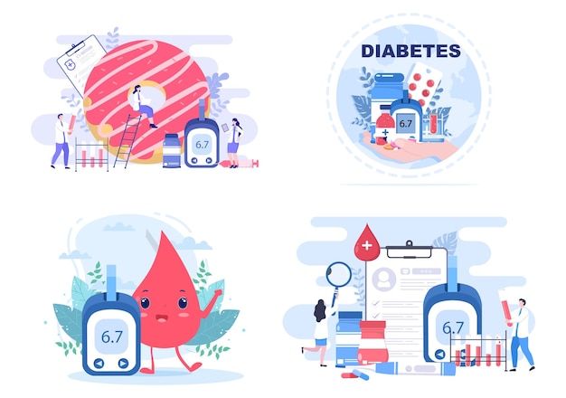 Diabetes Testing with Blood Glucose Meter, Exam Results, Tubes, Syringe to Medical Healthcare and Treatment For Poster Background Vector Illustration