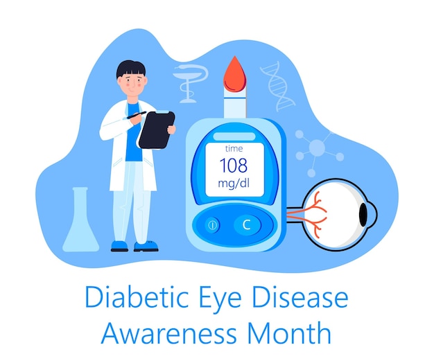 Vector diabetic eye disease awareness month concept vector for medical blog website event is celebrated in november doctor and glucose meter