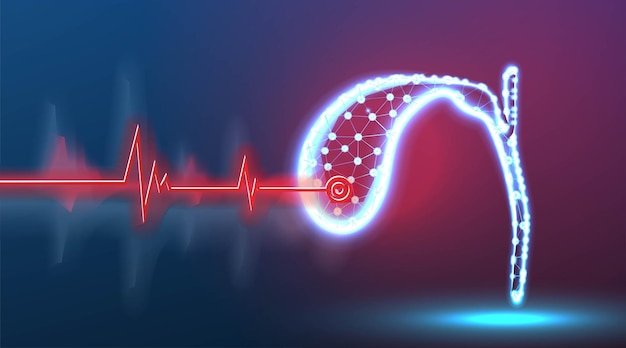Diagnosi della cistifellea per la presenza di malattia punto di malattia salute e concetto medico tecnologia chirurgo laser rosso astratto low poly wireframe mesh design sfondo rosso e blu