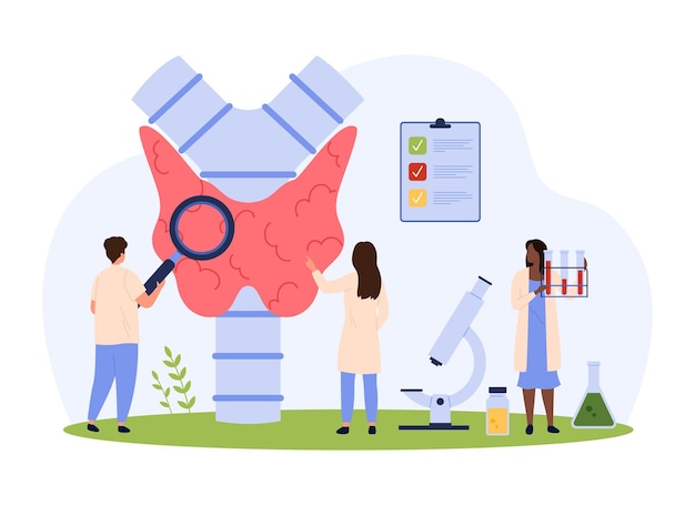 Vector diagnosis of thyroid diseases in endocrinology tiny people check endocrine organ health