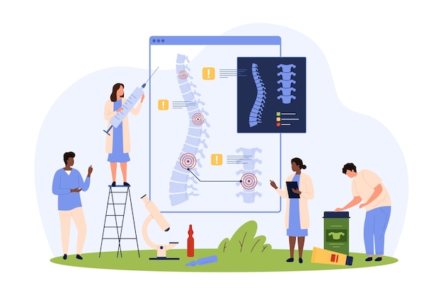 Diagnosis and treatment of chronic spinal diseases tiny people check xray of spine