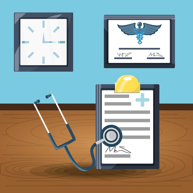 Diagnostic prescription with stethoscope and diploma with clock