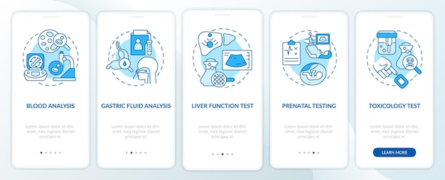 Diagnostic services blue onboarding mobile app screen Healthcare provide walkthrough 5 steps graphic instructions pages with linear concepts UI UX GUI template Myriad ProBold Regular fonts used