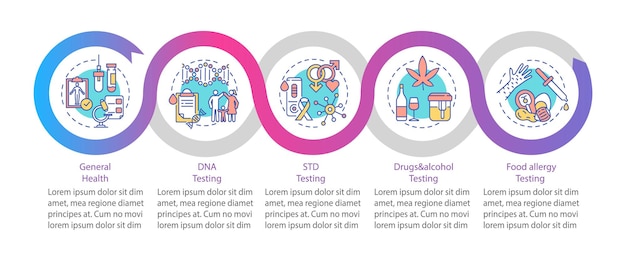 Diagnostic tests  infographic template. STD, drug and alcohol testing presentation design elements. Data visualization with five steps. Process timeline chart. Workflow layout with linear icons