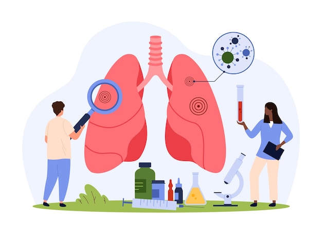 ベクトル 肺疾患の診断 肺科 小さな人々が拡大鏡で肺を検査する