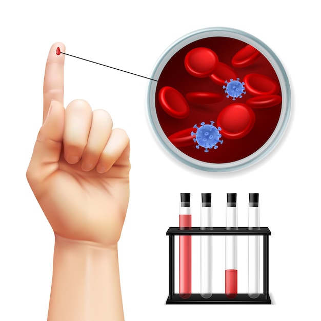Vector diagnostiek virus zoeken persoon neemt bloedtest van vinger medisch laboratoriumanalyse labbuizen met rode vloeistof vergrotende cirkel met pathogeen en bloedige cellen vectorconcept