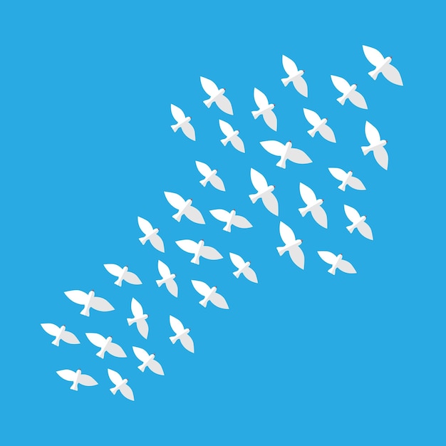 Вектор Диагональная стрелка белых птиц в полете, летящих вверх в голубом небе. рост, надежда, вера, цель, цель, командная работа, лидерство, бизнес-видение и концепция мотивации. eps 8 вектор, без прозрачности