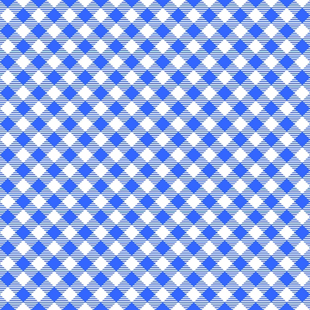 斜めの青と白のギンガムチェックの縞模様の正方形のシームレスなパターン市松模様のテクスチャ