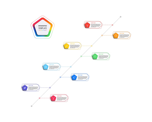 五角形と白い背景の上の多角形要素の斜め8ステップタイムラインインフォグラフィックテンプレート。細い線のマーケティングアイコンによる現代のビジネスプロセスの可視化。