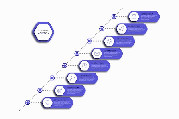 白い背景の上の8つの紫色の六角形の要素を持つ斜めのインフォグラフィックタイムラインテンプレート