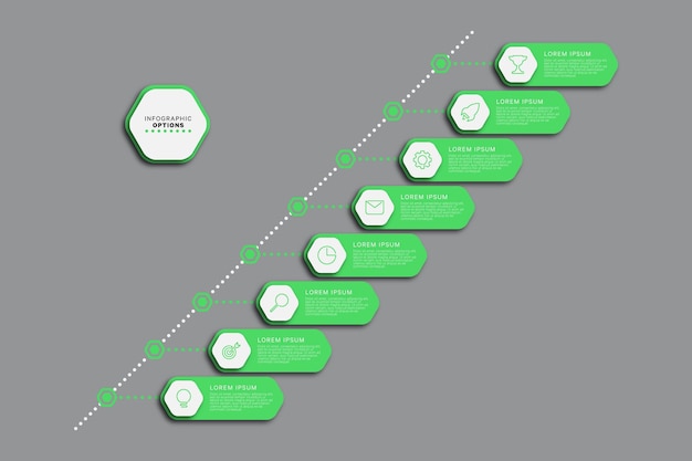 Diagonal infographic timeline template with green hexagonal elements on a grey background