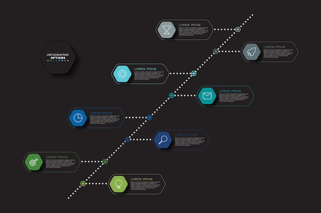 Modello di timeline infografica diagonale con elementi esagonali multicolori su sfondo nero