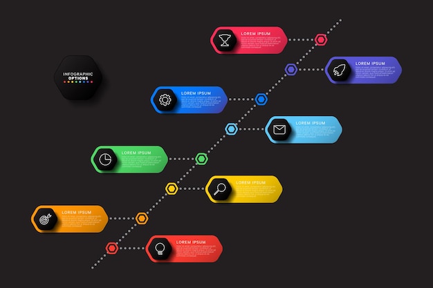 Vector diagonal infographic timeline template with multicolor hexagonal elements on black background