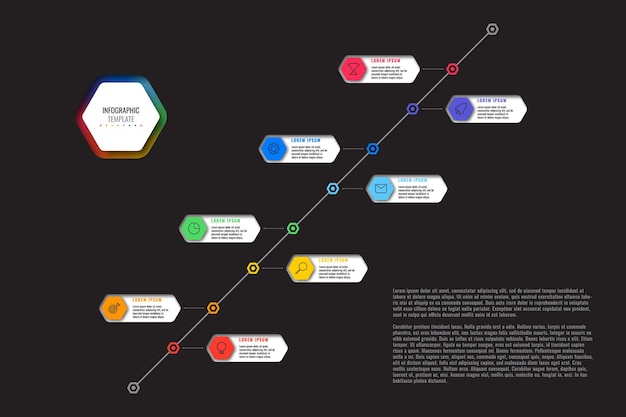 Diagonal timeline infographic template with eight multicolor hexagonal elements on black background