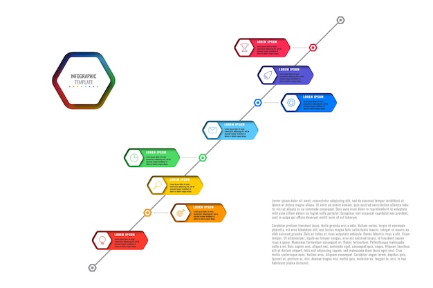 Diagonale tijdlijnsjabloon met acht realistische zeshoekige elementen met dunne lijnpictogrammen op witte achtergrond. modern diagram met geometrische gaten in papier. visualisatie voor presentaties