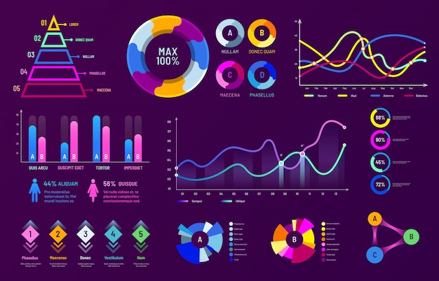 Vector diagram charts, data analysis graphs and statistics percentage charts vector illustration set