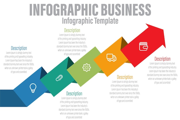 A diagram of a colorful arrow that says info about a company