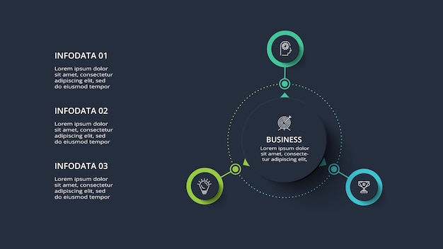 Концепция диаграммы для темной инфографики с 3 шагами вариантов частей или процессов Шаблон для Интернета на черном фоне