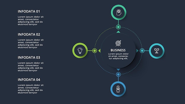 Diagram concept for infographic with 4 steps options parts or processes Template for web on a black background