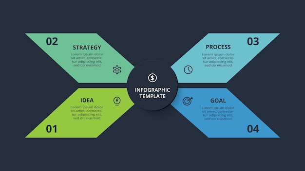 diagram concept for infographic with 4 steps options parts or processes template for web on a black background