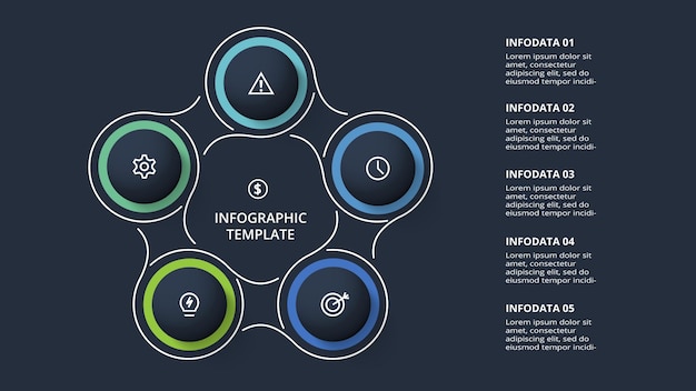 黒の背景に 5 つのステップ オプション部品またはプロセス テンプレートを含むインフォ グラフィックの図の概念