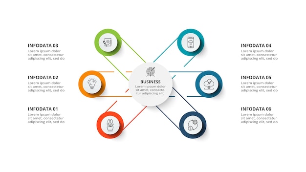 Concetto di diagramma per infografica con 6 passaggi opzioni parti o processi visualizzazione dei dati aziendali